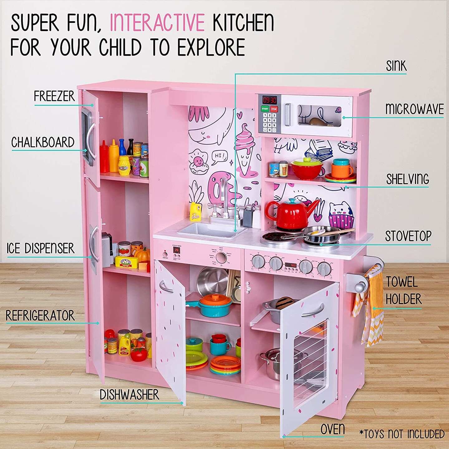 Lil&#x27; Jumbl Kids Kitchen Set, Toddler Pretend Wooden Kitchen Playset - Pink Emoji