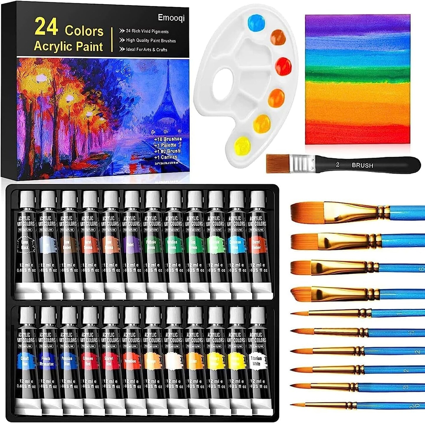 Acrylic Paint Set, 24 Rich Paint Colors, with 11 Art Brushes, Paint
