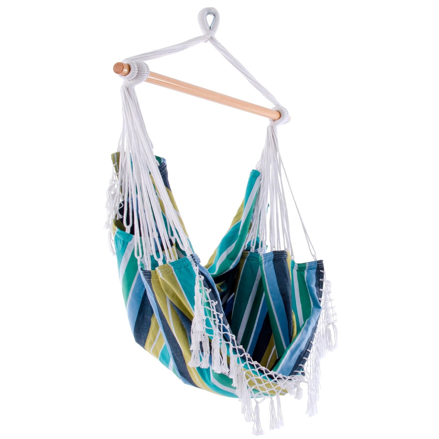 The Hamptons Collection 72” Blue and Yellow Brazilian Style Hammock Chair with a Hanging Bar