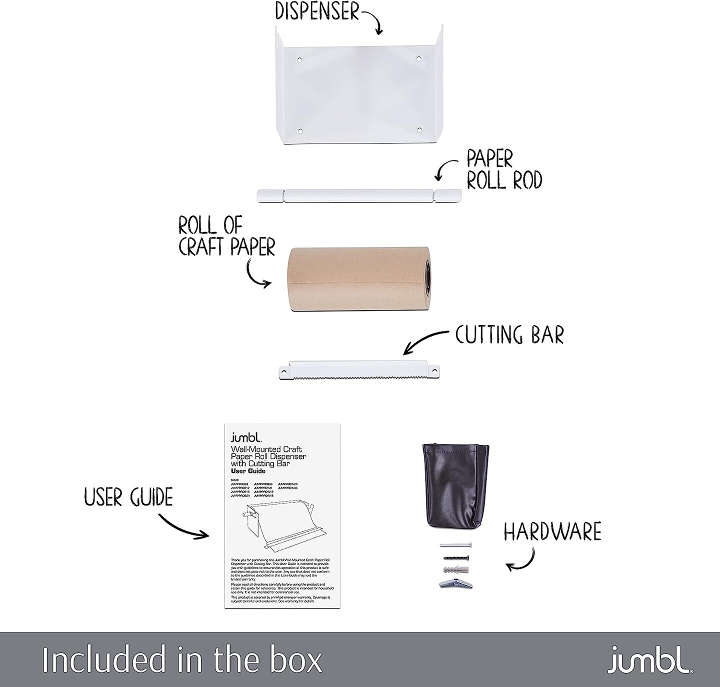 Jumbl Wall Mounted Kraft Paper Dispenser, Hanging Craft Paper Roll Holder with Paper Cutter (White)