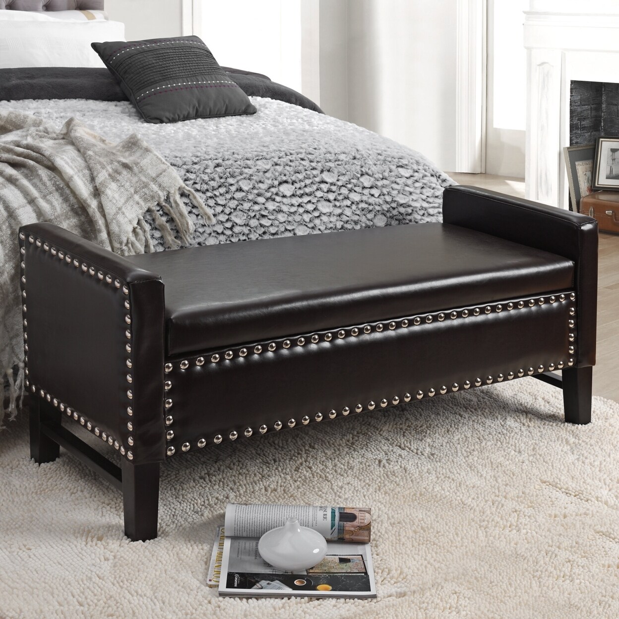 Inspired Home   Scarlett PU Leather Modern Contemporary Silver Nailhead Trim Multi Position Storage Bench