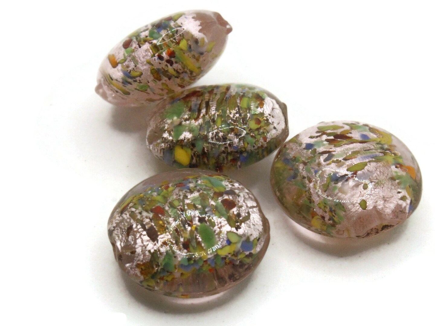 4 21mm Pink Speckled Coin Flat Round Lampwork Glass Beads