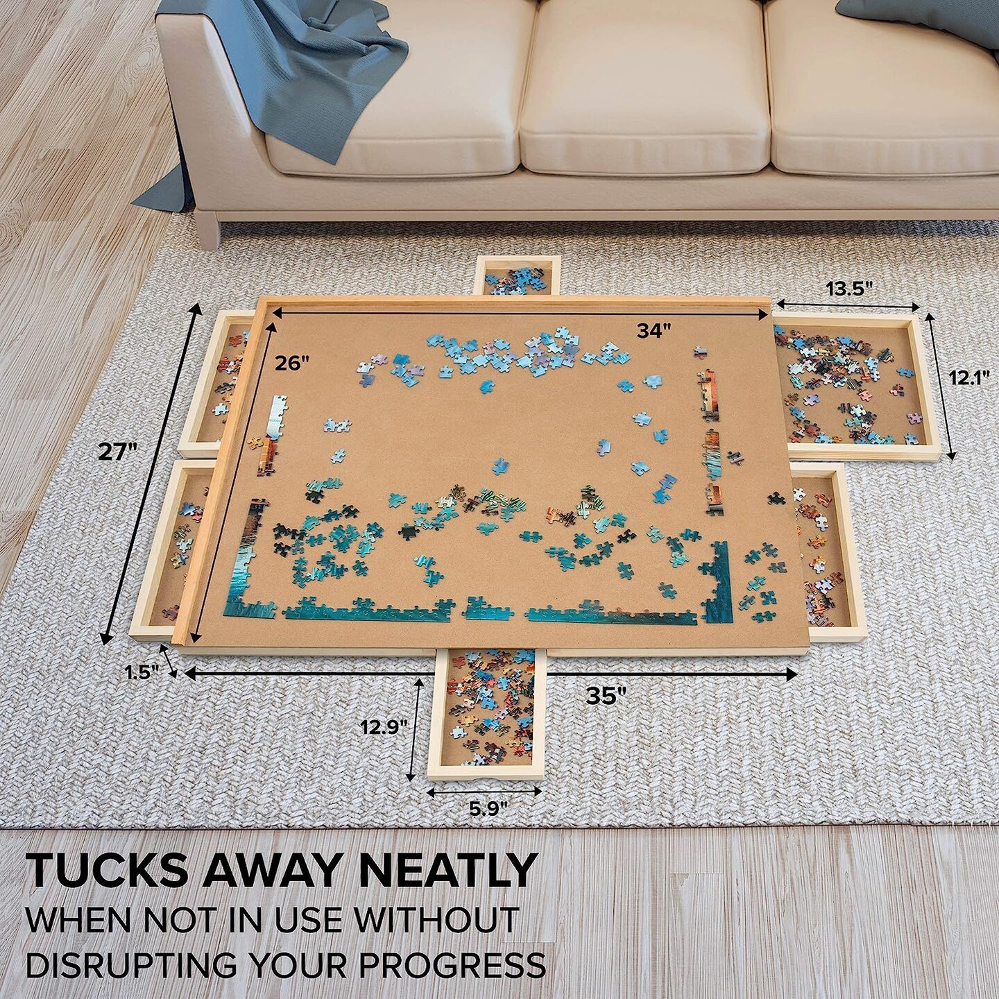 SkyMall 1500 Piece Puzzle Board W/ 6 Drawers, 27&#x201D; x 35&#x201D; Wooden Jigsaw Puzzle Table