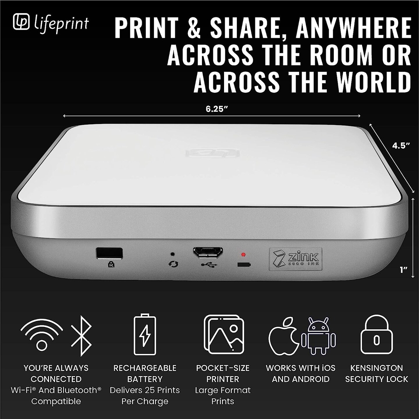 Lifeprint 3x4.5 Portable Photo and Video Printer, Portable Printer for iPhone and Android