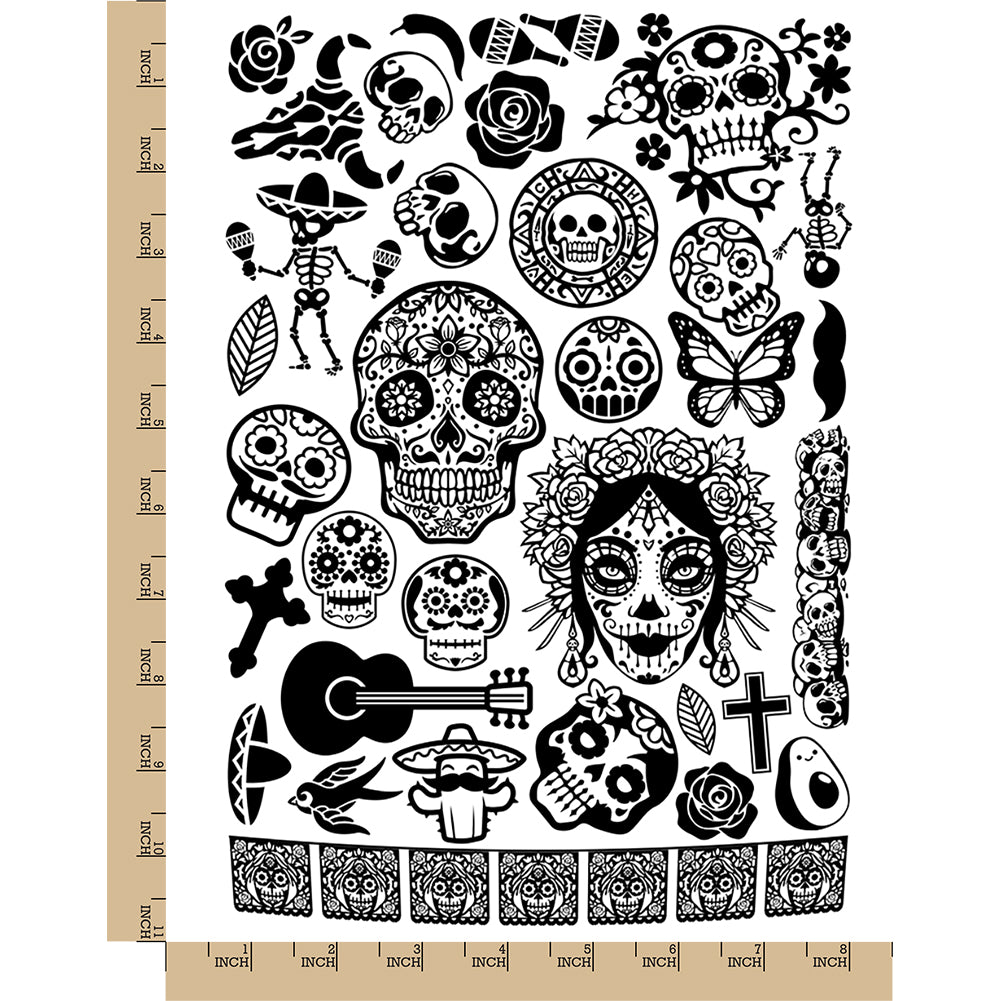Dia de los Muertos Day of the Dead Sugar Skulls Temporary Tattoo Water Resistant Fake Body Art Set Collection