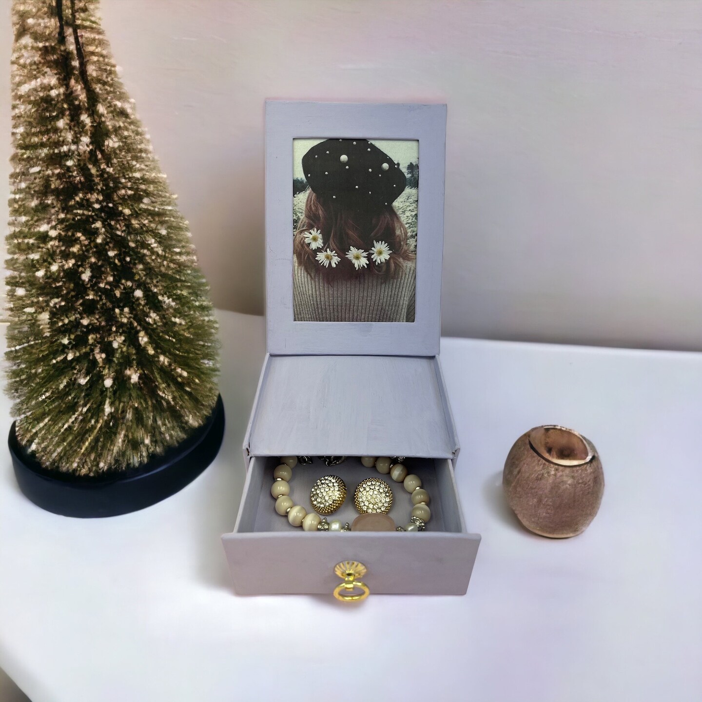 Value Pack of 3 Jewelry Photo Box With Drawer and Gold Finish Pull