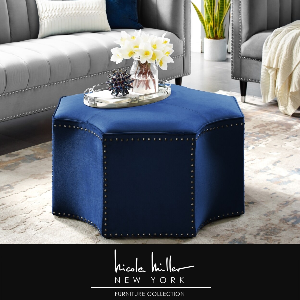 Nicole Miller Rey Octagon Cocktail Ottoman-Single Tufted-Chrome Nailhead Trim