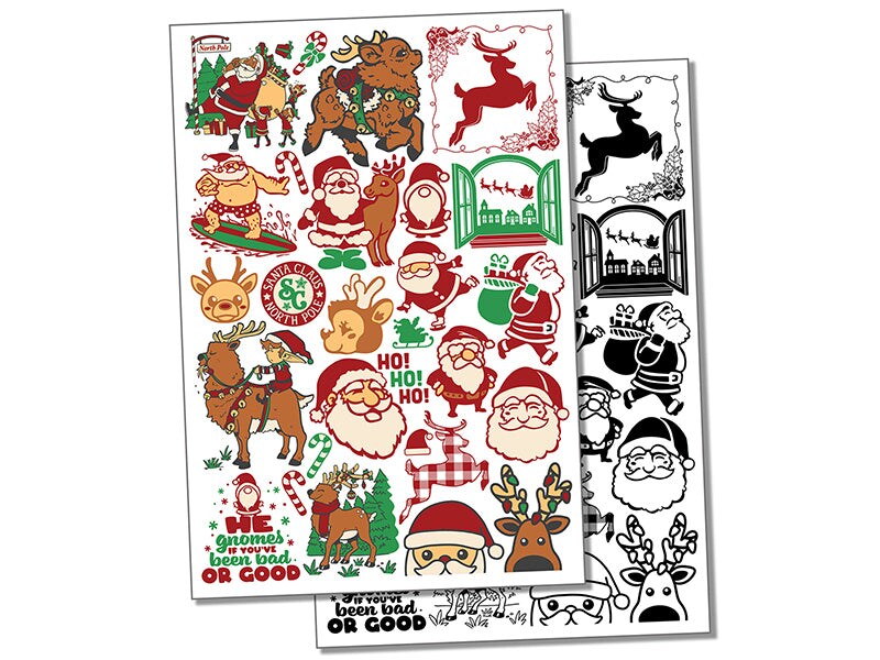 Christmas Santa and Reindeer Holiday Temporary Tattoo Water Resistant Fake Body Art Set Collection