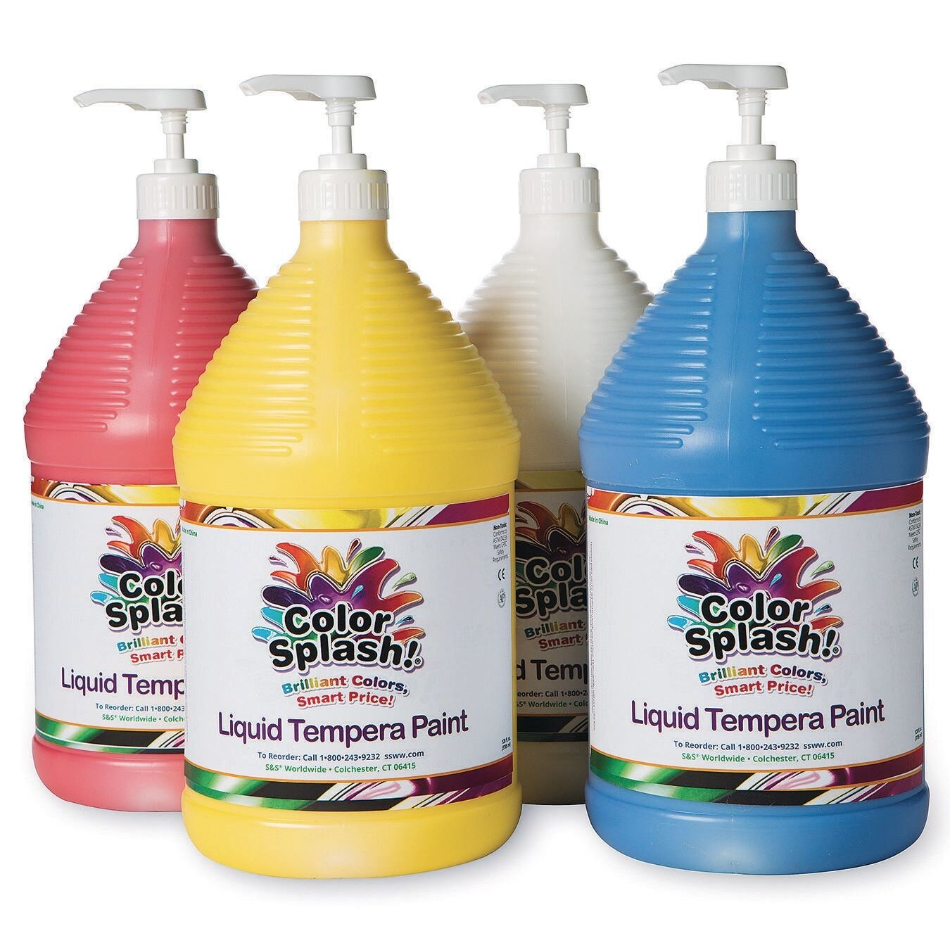 S&S Worldwide Color Splash! Liquid Tempera Bulk Paint, Primary Colors &  White, 4 Paint Pumps, 128oz (Gallon) Bottles, Arts & Crafts, School, Camp,  Poster Paint, For Kids & Adults, Non-Toxic, Set of