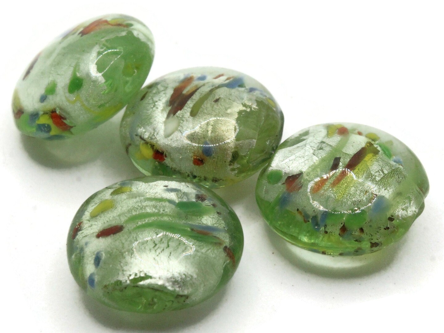 4 21mm Green Speckled Coin Flat Round Lampwork Glass Beads