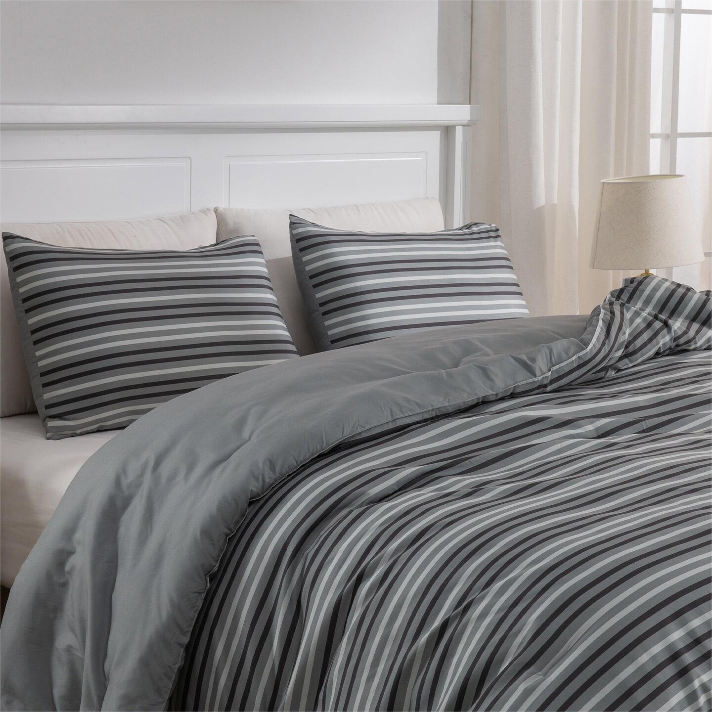 Ultra Soft Microfiber Comforter Set Dark Grey All-Season Reversible Stripe Twin Queen King