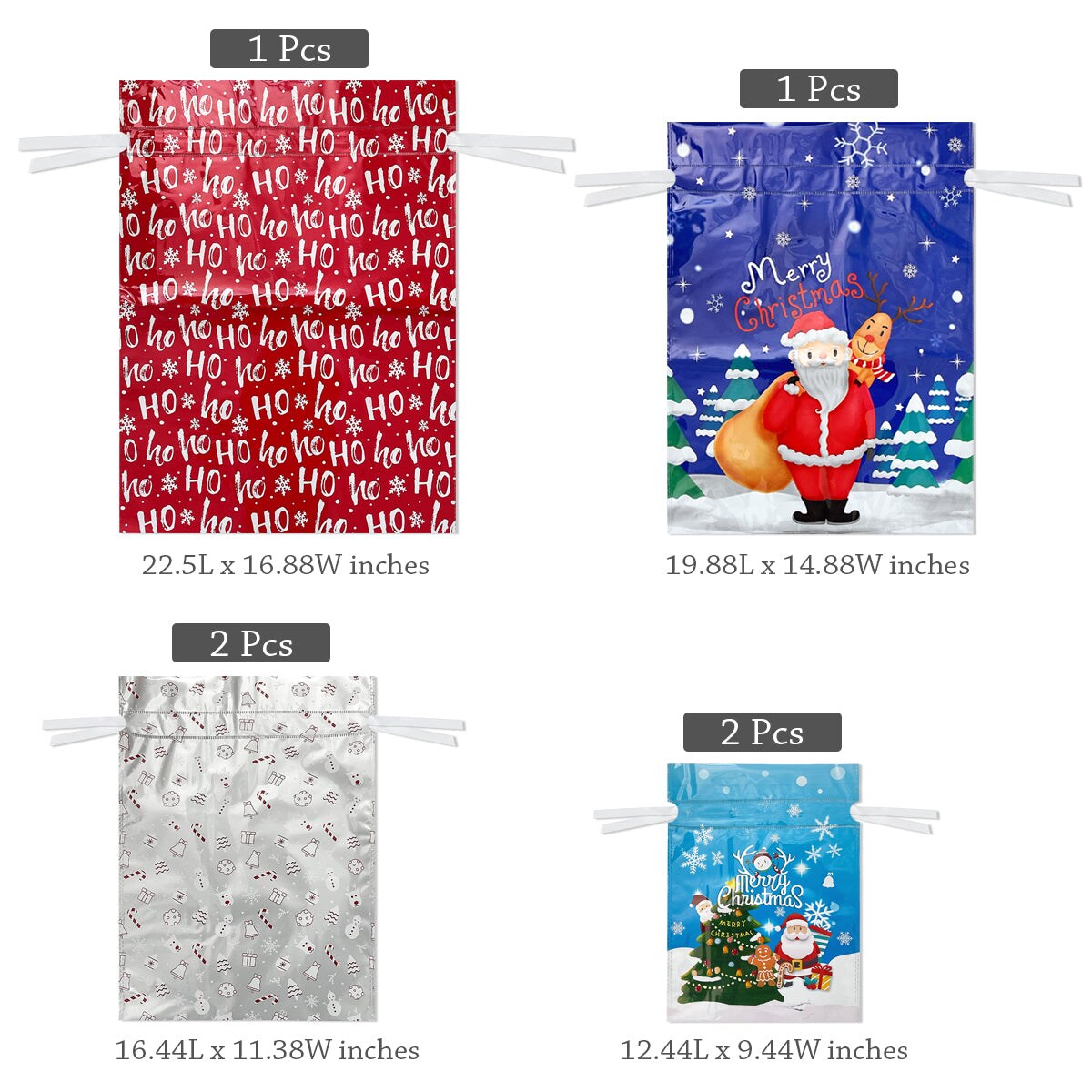 Wrapables Aluminum Foil Christmas Holiday Drawstring Gift Bags for Party Favors, Goodie Bag, Treats, Gift Wrap, Parties