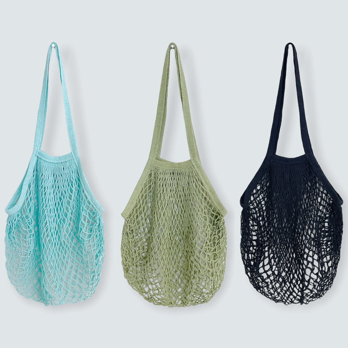 Wrapables Cotton Mesh Net Shopping Bag, Grocery Bag for Vegetables, Produce (Set of 3), Teal, Green, Black