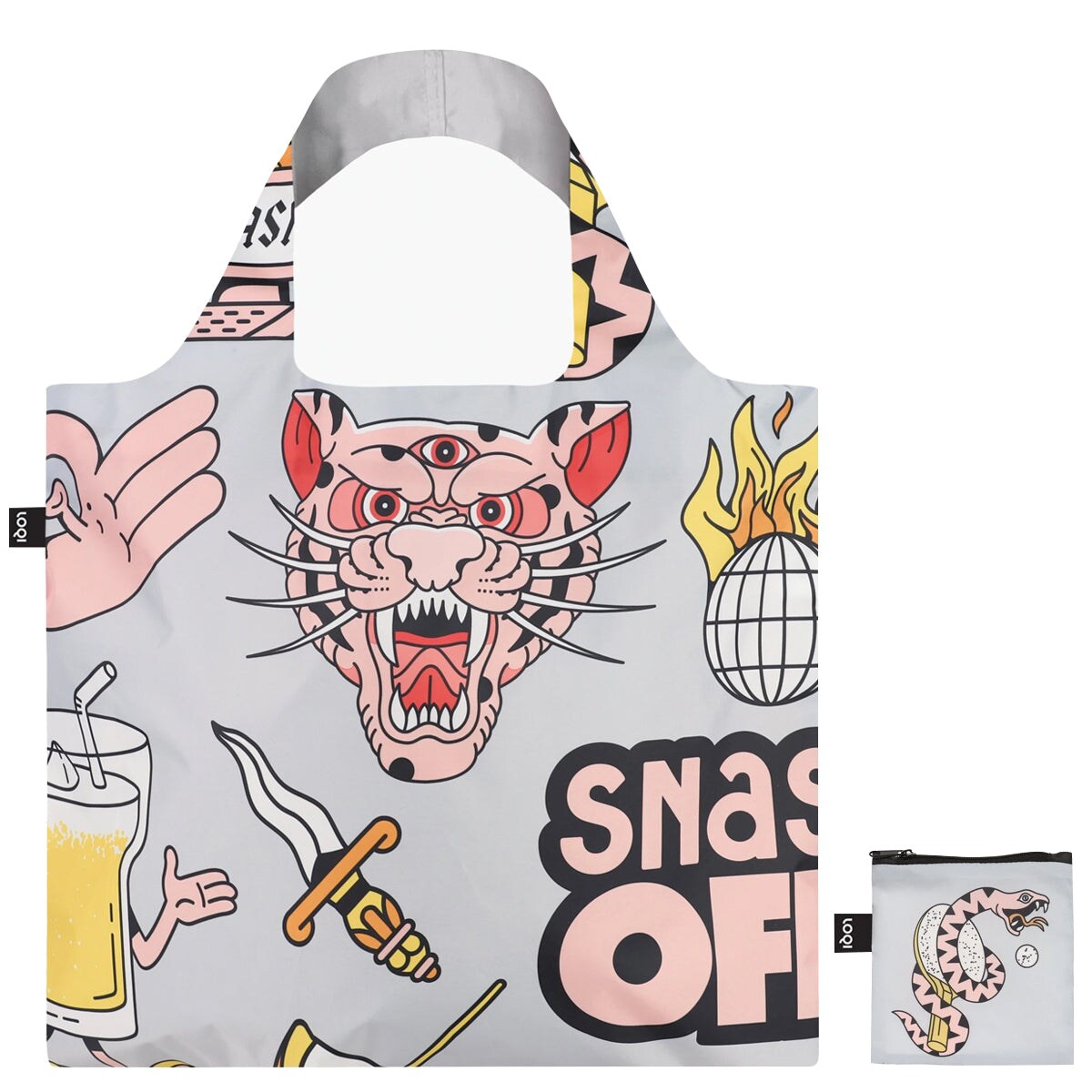 LOQI Artist Reusable Shopping Bag, One Size, Snask Tiger Snake Beer Grey
