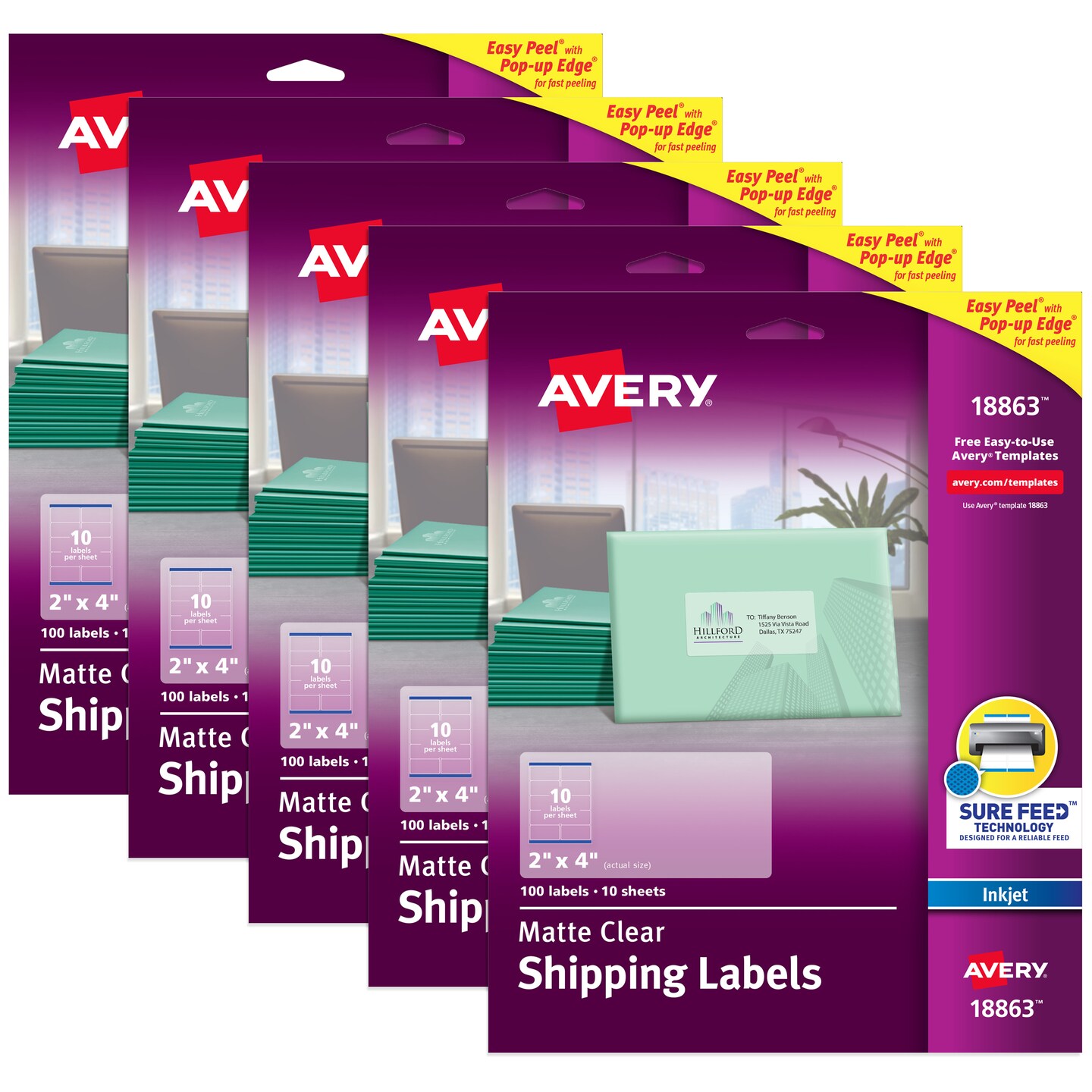 Avery Matte Clear Shipping Labels, Sure Feed Technology, Inkjet, 2" x 4", 100 Labels (18863) - 5 Pack