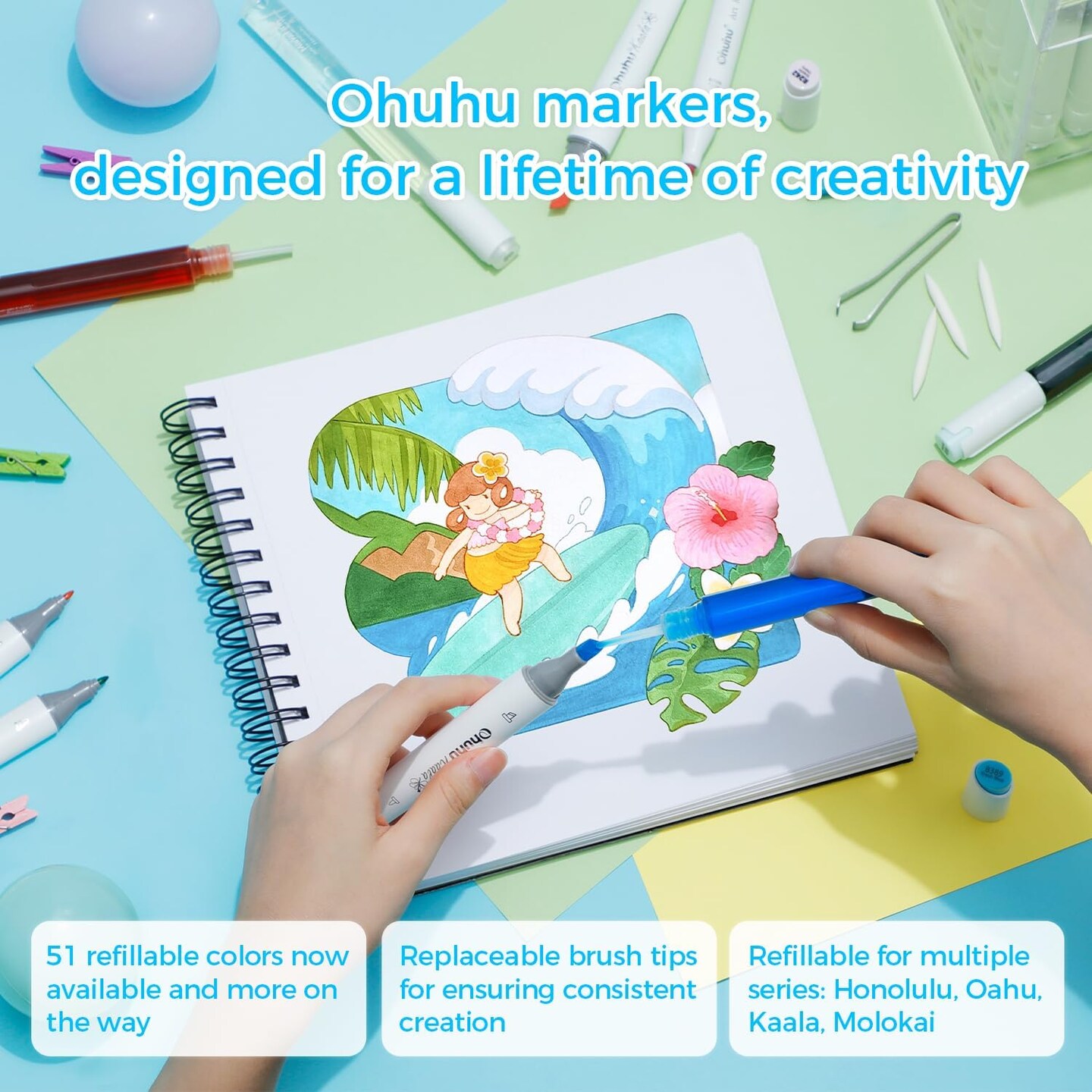 Ohuhu Alcohol Markers - Double Tipped Art Marker Set for Artist Adults&#x27; Coloring Sketching Illustration - 60 Colors - Chisel &#x26; Fine Dual Tips - Refillable Ink - Oahu Series of Ohuhu Markers