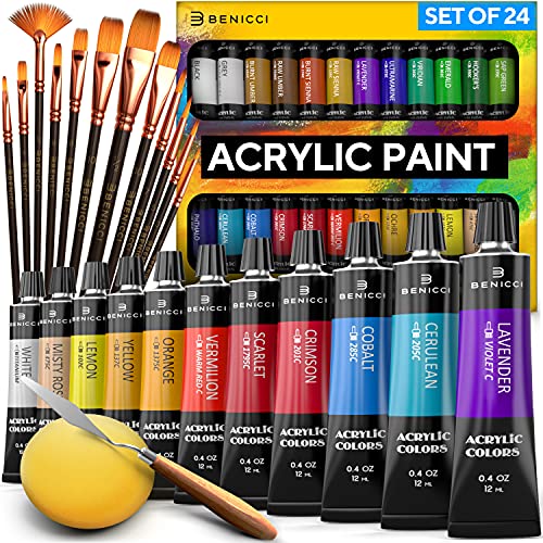 Complete Acrylic Paint Set – 24х Rich Pigment Colors – 12x Art Brushes with Bonus Paint Art Knife & Sponge – for Painting