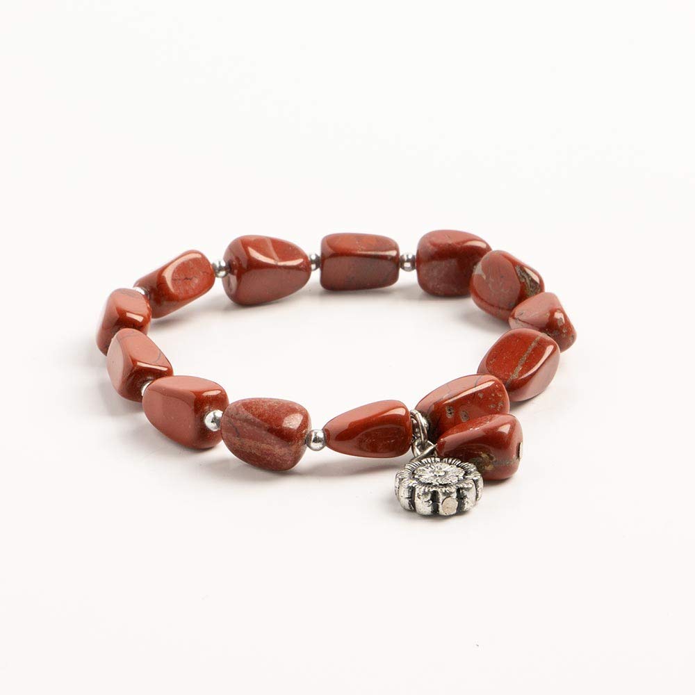 Earth's Jewels Semi-Precious Jasper Red Natural Bracelet, Flower Charm