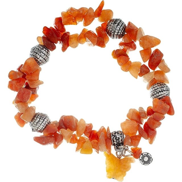 Earth's Jewels Semi-Precious Peach Aventurine Orange 2-Strand Chips Bracelet, Butterfly Charm