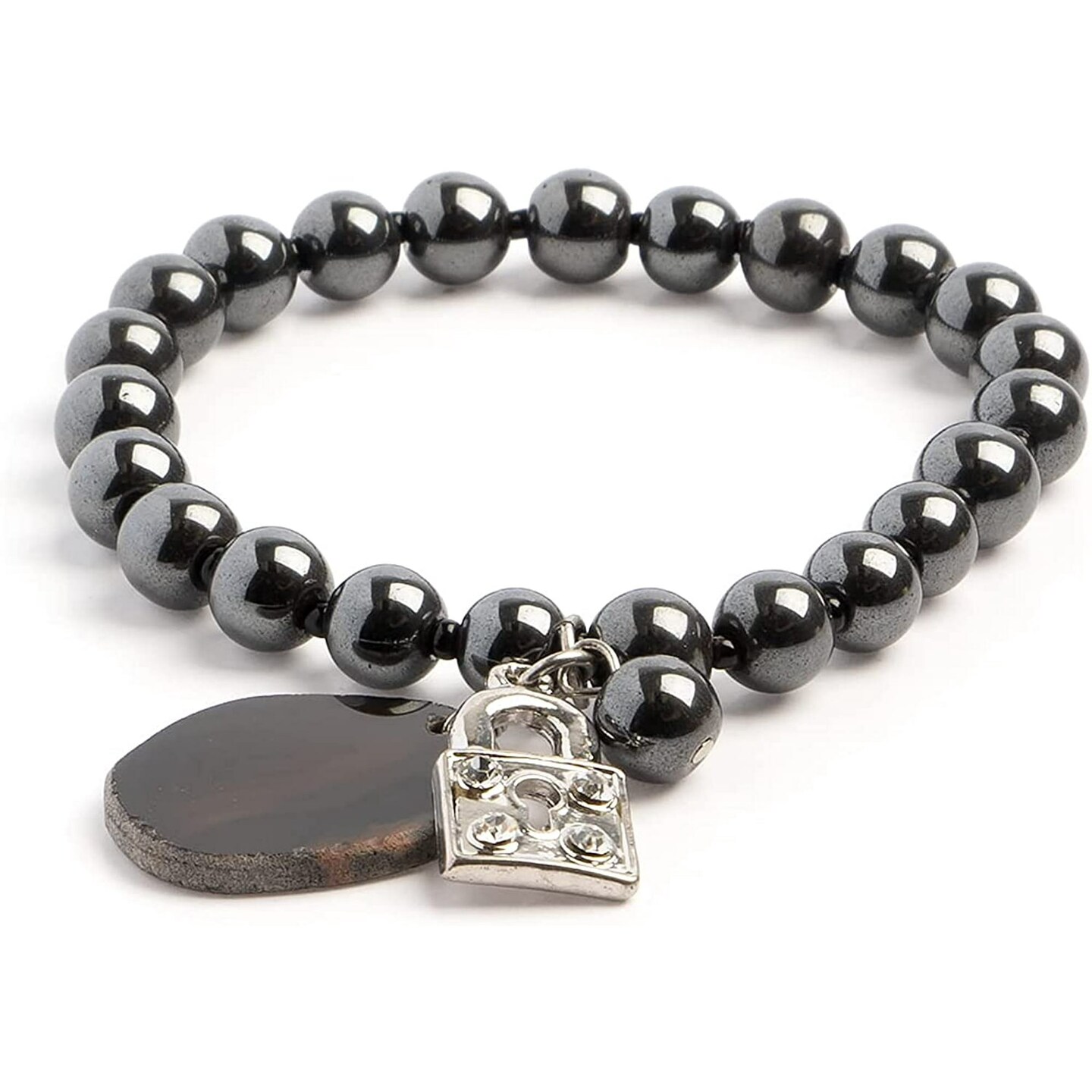 Earth's Jewels Semi-Precious Natural Hematite Grey Bracelet, Agate & Lock Charm
