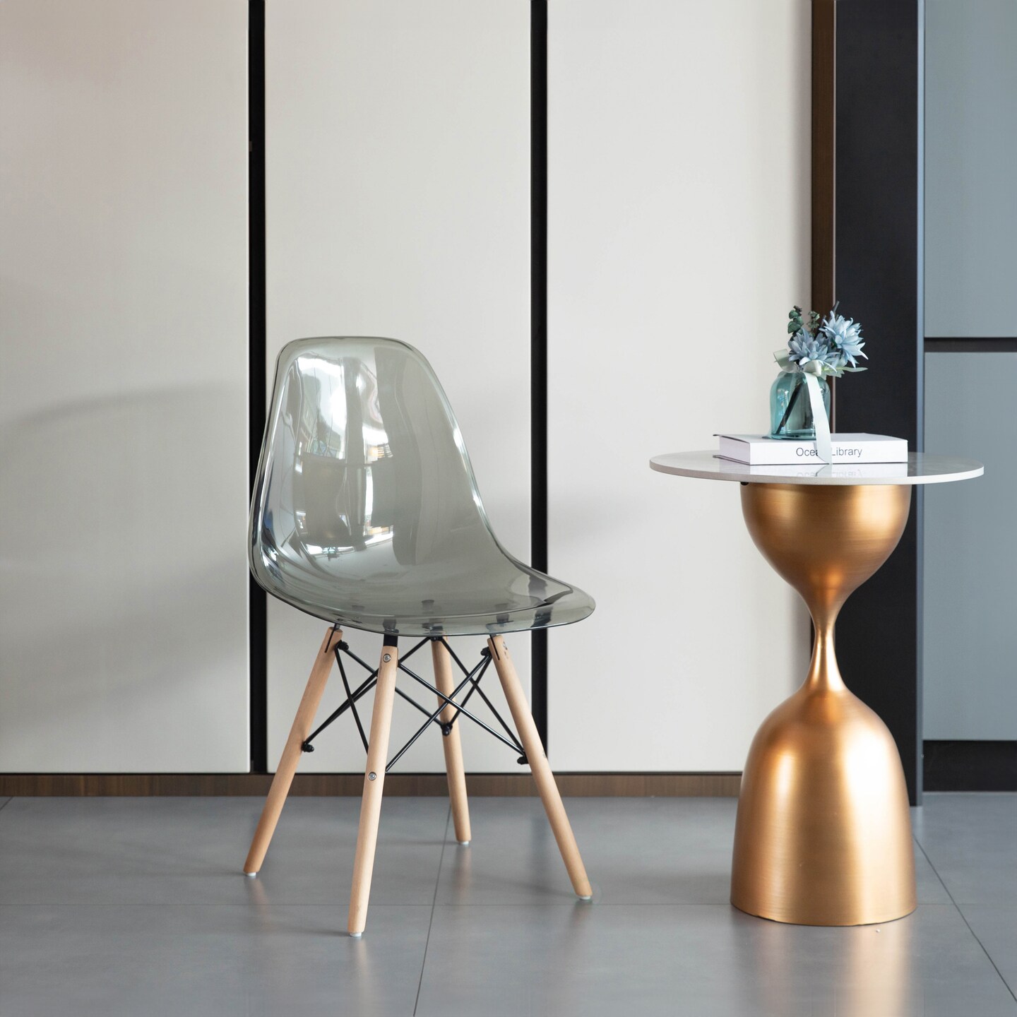 Mid-Century Modern Style Dining Chair with Wooden Dowel Eiffel Legs, DSW Transparent Plastic Shell Accent Chair