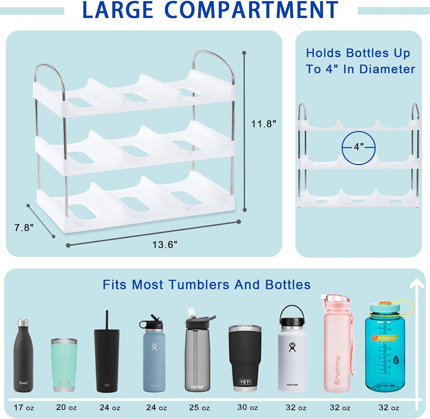 3 Tier Stackable Water Bottle Organizer for Cabinet - 9 Bottle Holder Rack for Tumblers, Cups, Wine Bottles - Home Storage, Kitchen Organization Shelf for Countertop, Cupboard
