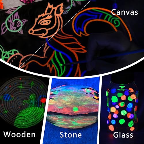 Artecho Glow in the Dark Paint - Set of 8 Colors, 20 ml / 0.7 oz Acrylic Paint for Decoration, Art Painting, Outdoor and Indoor Art Craft, Supplies for Canvas, Rock, Wood, Waterproof, Rich Pigments for Adults, Students, Kids