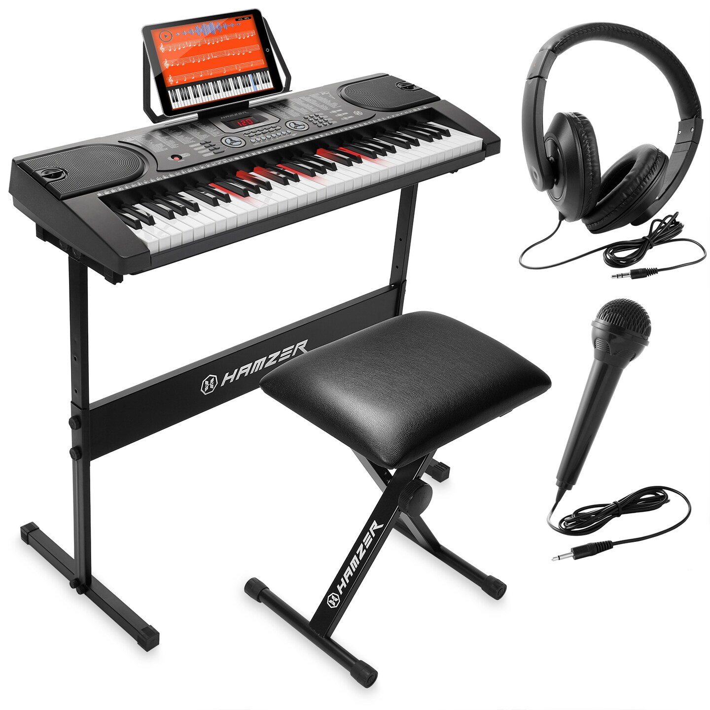 Hamzer 61-Key Electronic Keyboard Portable Digital Music Piano with Lighted Keys, H-Stand, Stool, Headphones, Microphone, &#x26; Sticker Set