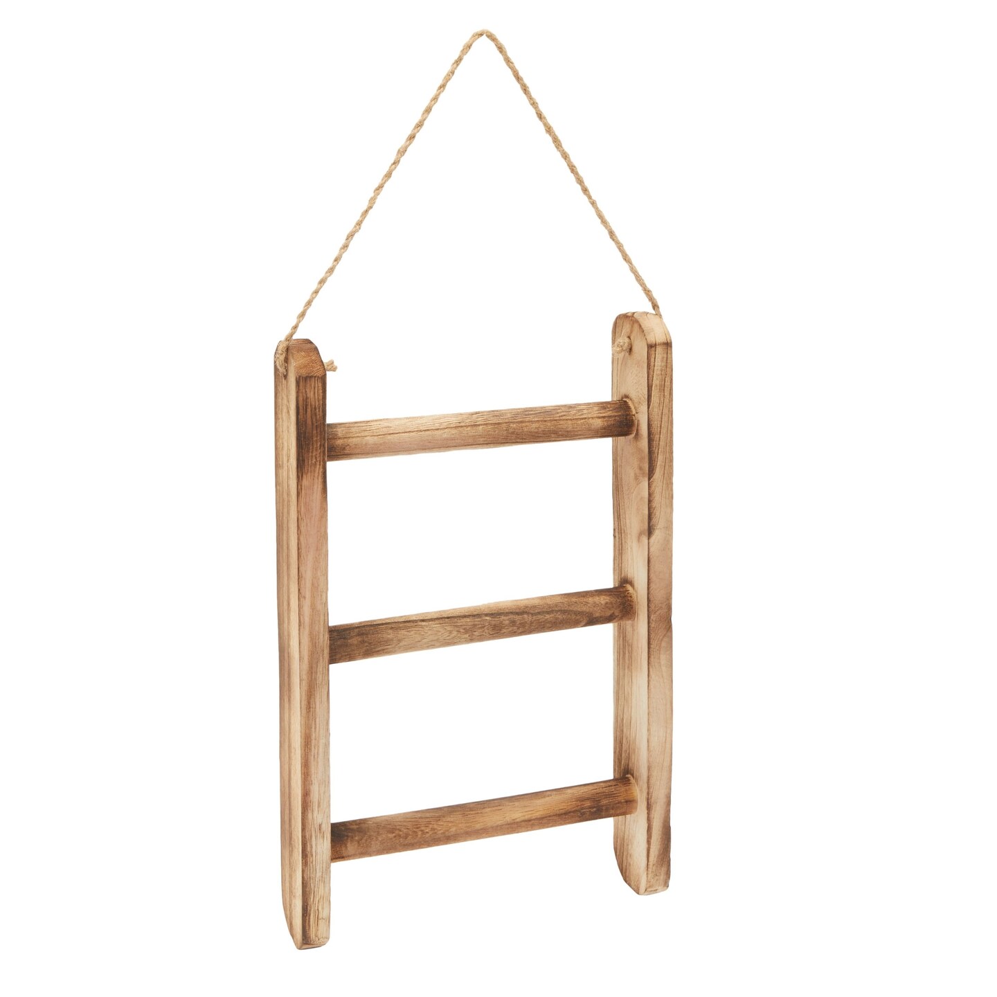 3-Tier Rustic-Style Hanging Towel Rack, Small Wooden Hanging Ladder Towel Racks for Bathroom with Rope, Vintage Bathroom Decor, Farmhouse Wall Mounted Hand Towel Holder (10x23 in, Torched Wood)