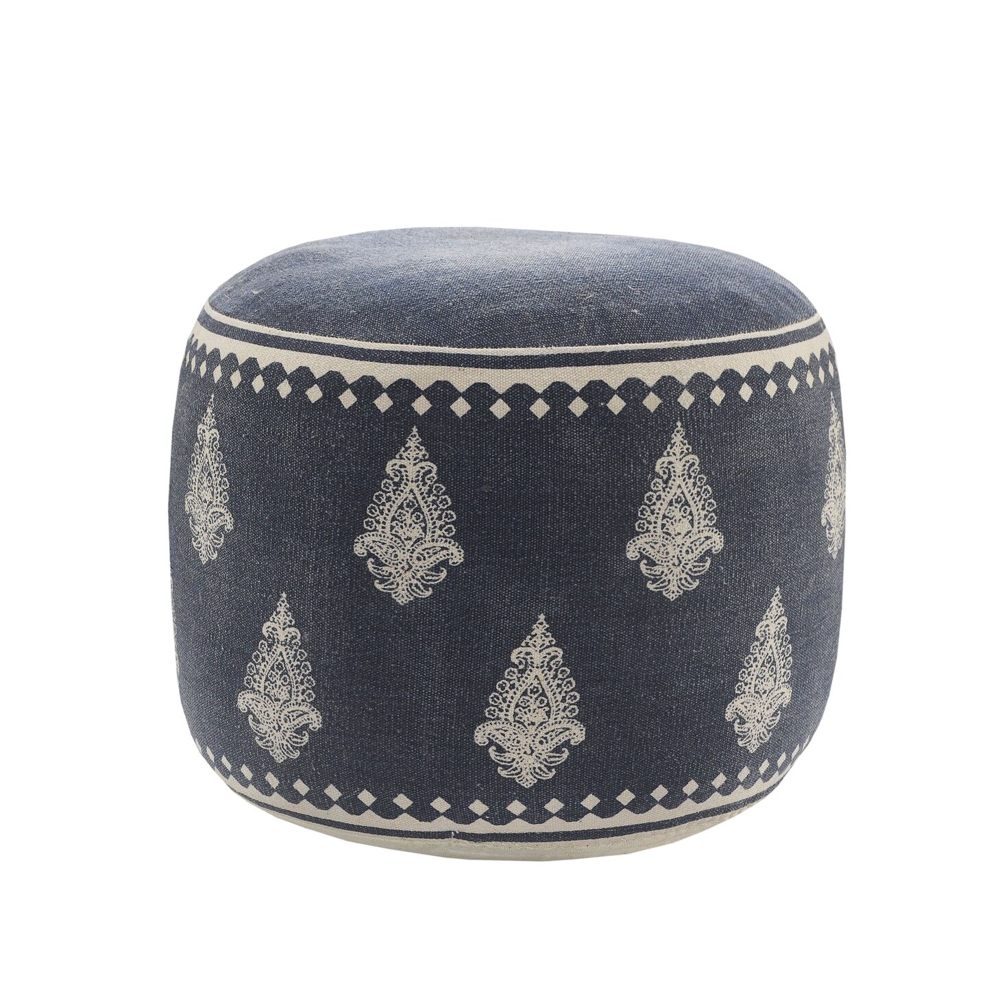 Laddha Home Designs 18&#x22; Blue and Beige Bordered Fairy Tale Handcrafted Round Pouf Ottoman