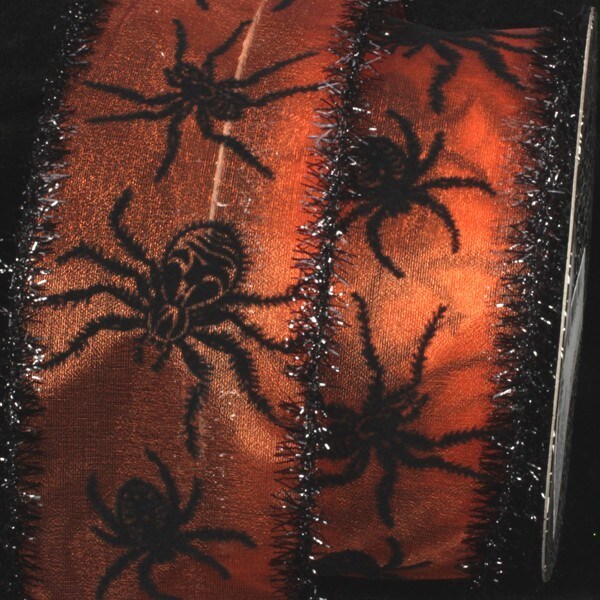 The Ribbon People Sheer Black and Orange Halloween Spiders Wired Craft Ribbon 2.5&#x22; x 20 Yards
