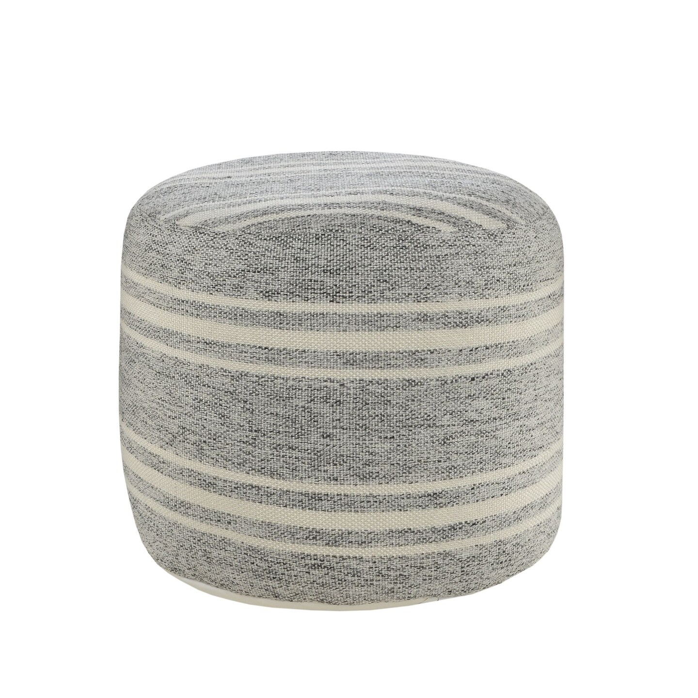 Laddha Home Designs 18" Gray and White Triple Striped Round Outdoor Patio Pouf Ottoman