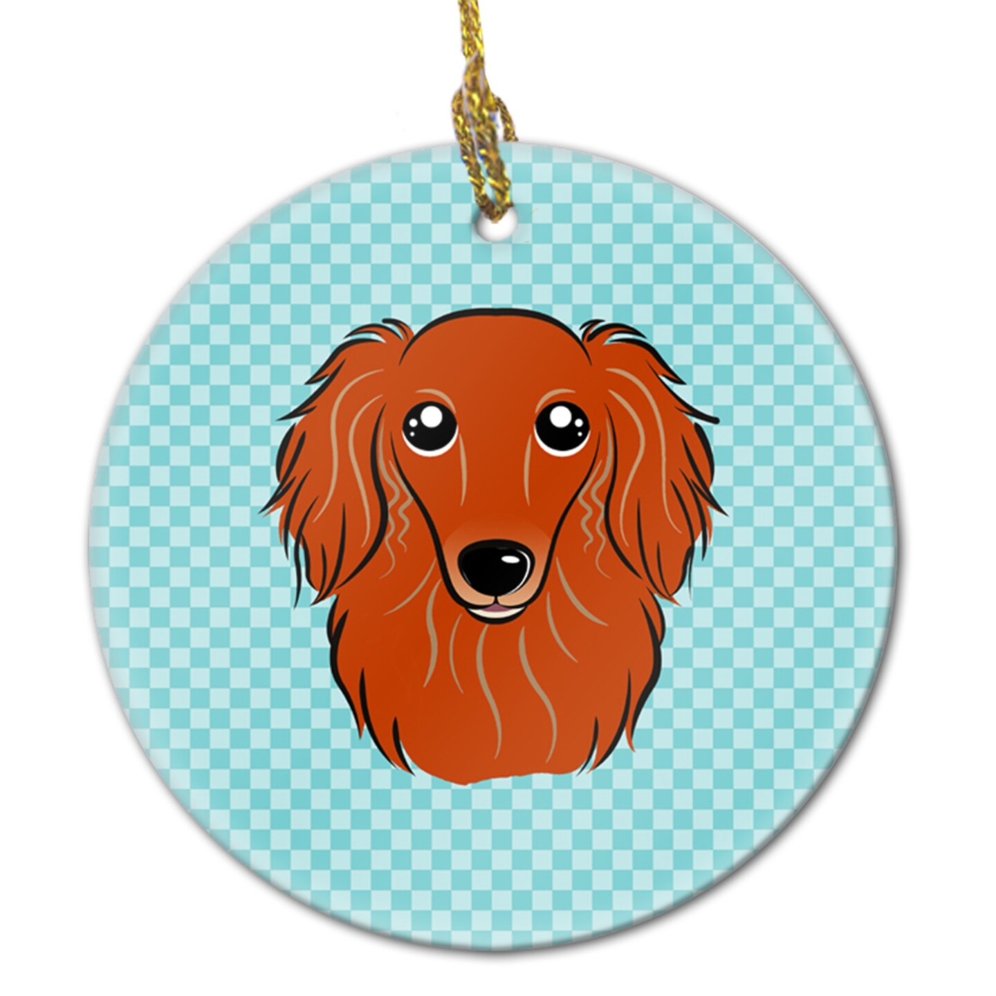 Checkerboard Blue Longhair Red Dachshund Ceramic Ornament BB1152CO1
