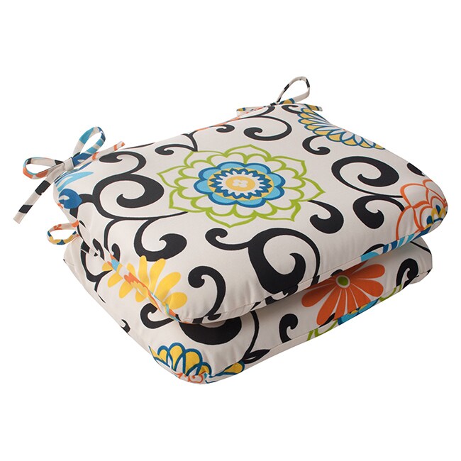 CC Home Furnishings Set of 2 Ivory and Black Filigree Patterned Spunky Flowers Outdoor Patio Seat Cushions 18.5&#x22;