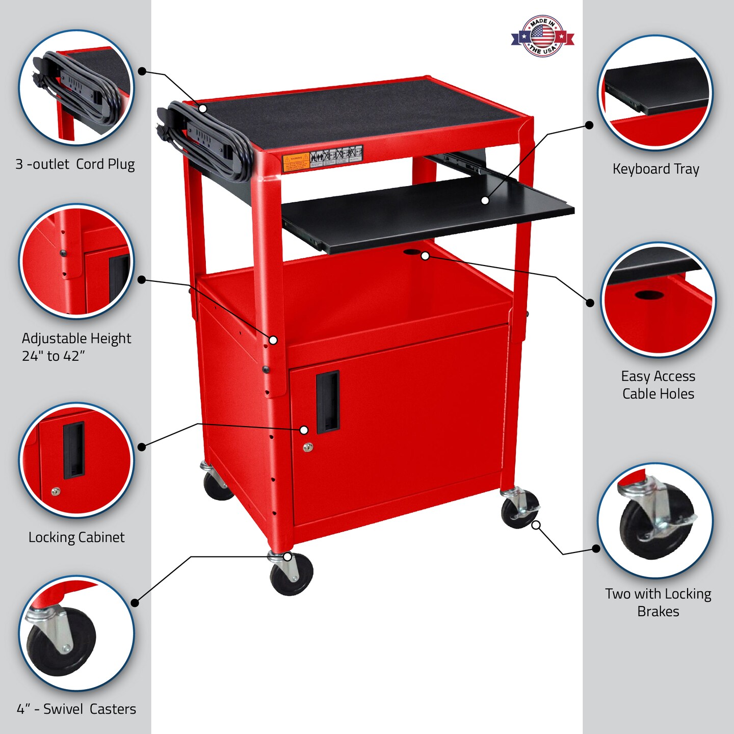 Luxor Office Multipurpose Height Adjustable Metal A/V Utility Cart with Pullout Keyboard Tray and Cabinet