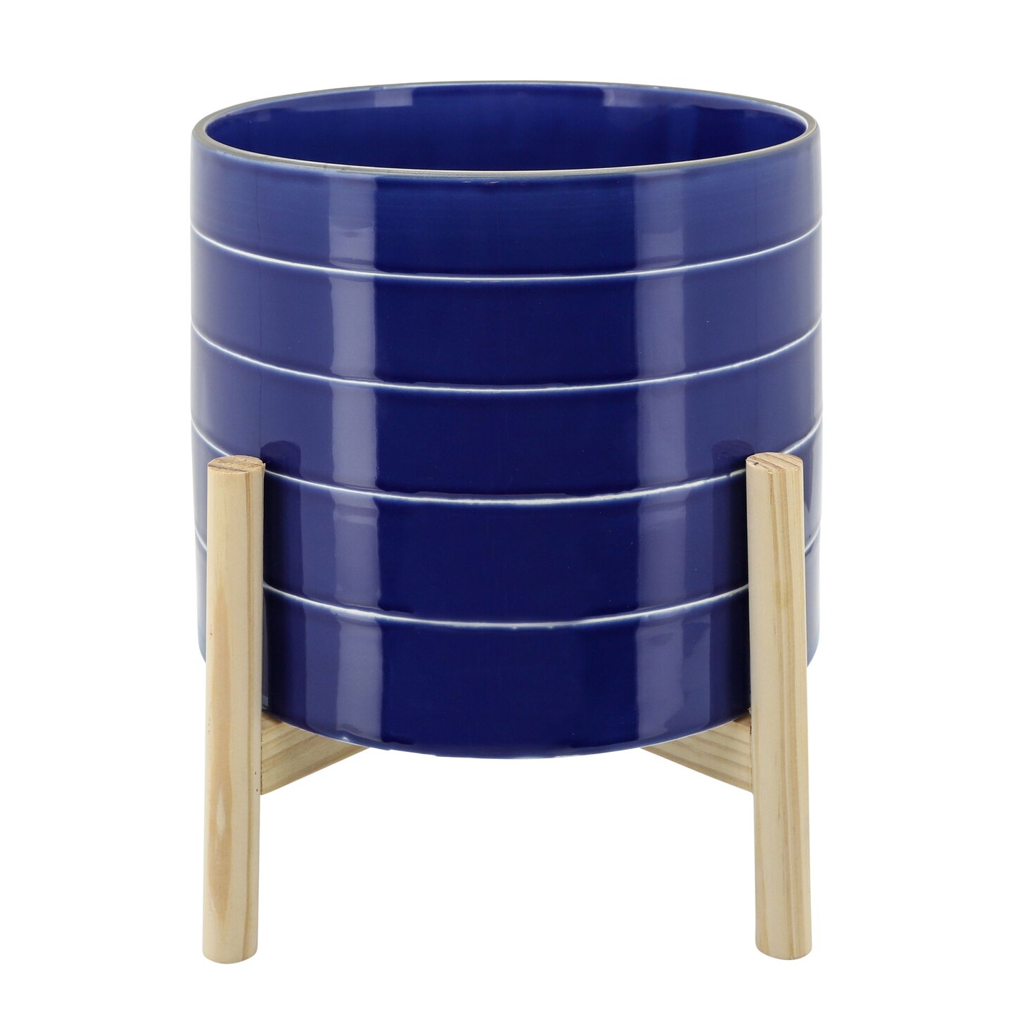 Kingston Living Ceramic Striped Planter with Stand - 10&#x22; - Navy Blue