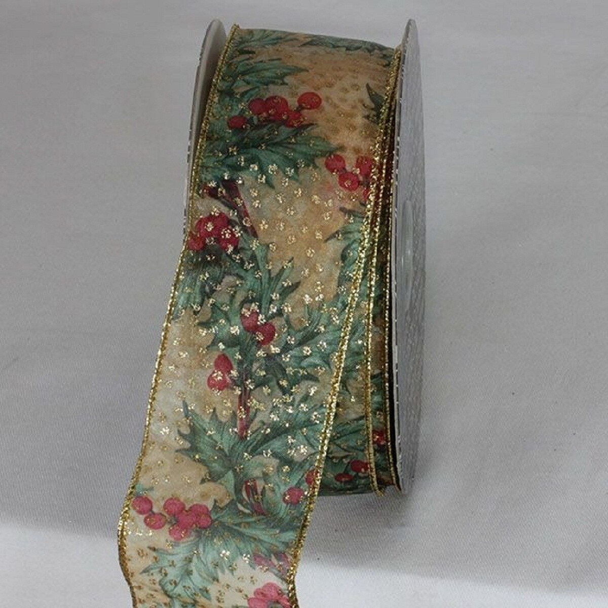 The Ribbon People Gold Floral Mistletoe Print Wired Craft Ribbon 2" x 20 Yards