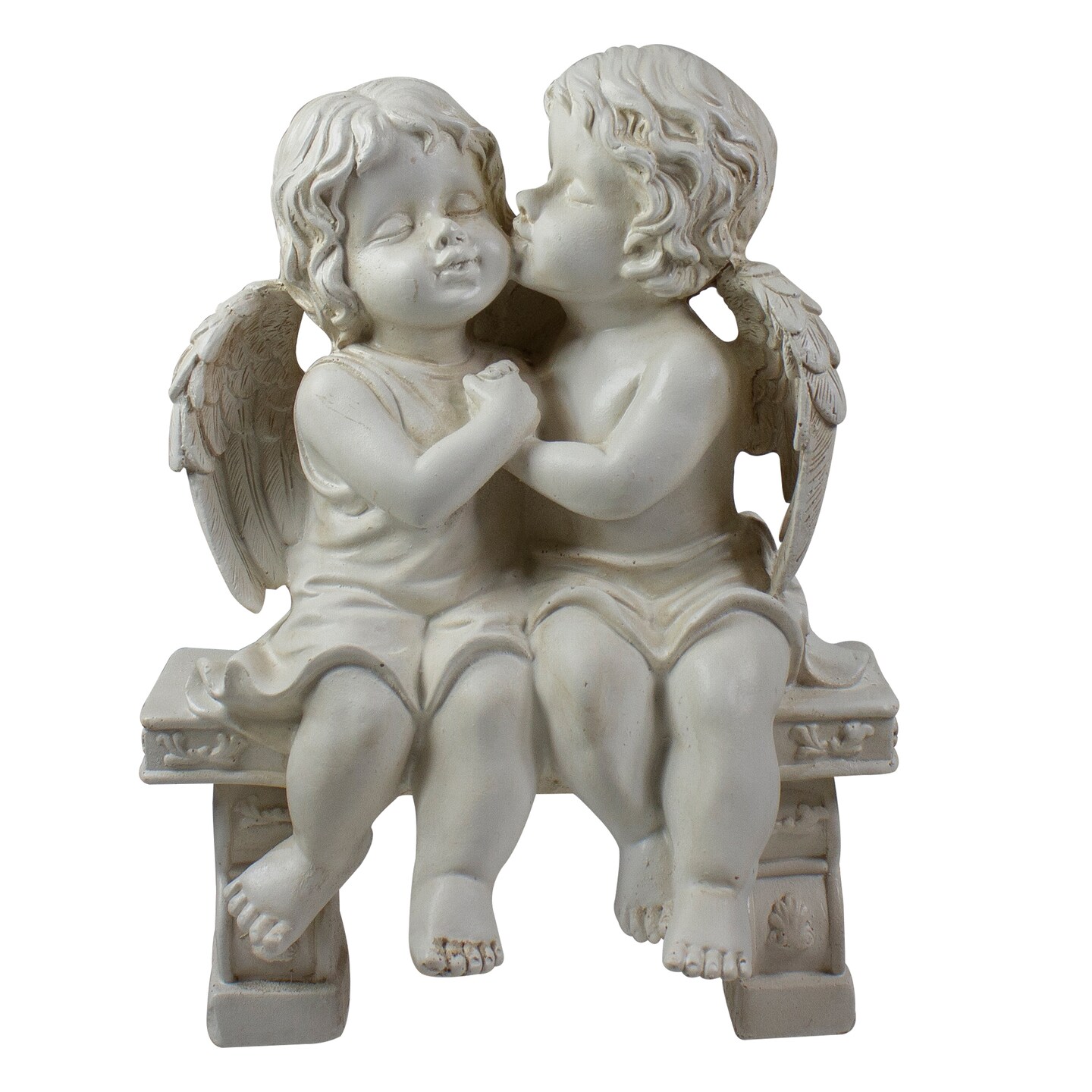 Garden statues boy and girl kissing on bench