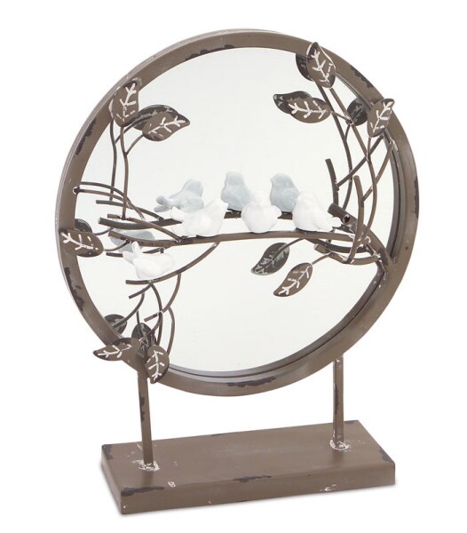 Melrose New Romance Round Tabletop Mirror with Perched Birds on Branch 12.5"