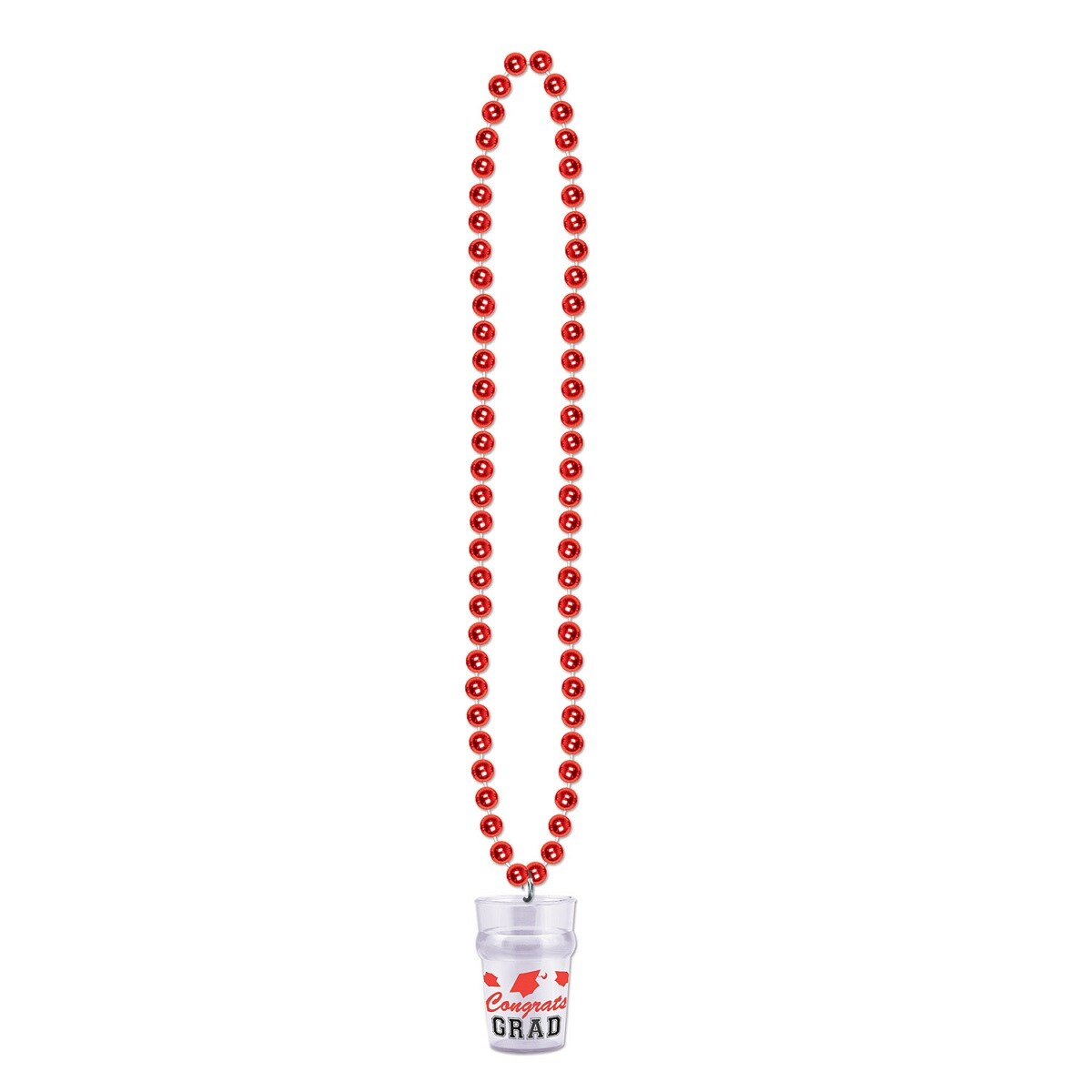 Beistle Club Pack of 12 Metallic Red Beads with &#x22;Congrats Grad&#x22; Glass Party Necklaces 33&#x22;