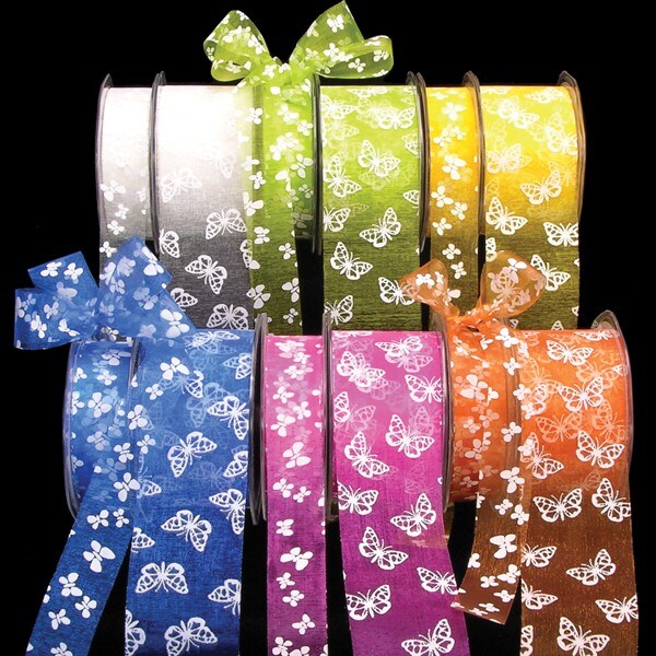 The Ribbon People Orange and White Large Butterflies Organza Craft Ribbon 2&#x22; x 55 Yards
