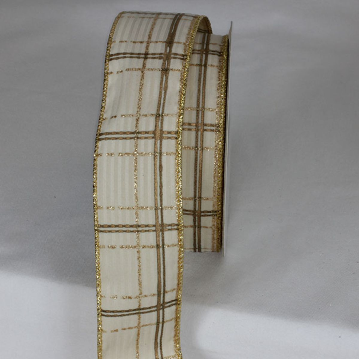 The Ribbon People Ivory and Gold Xmas Present Plaid Wired Craft Ribbon 2&#x22; x 20 Yards