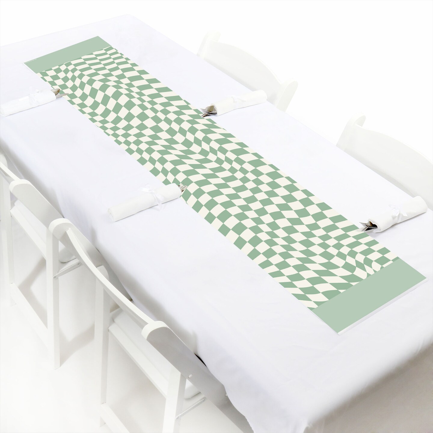 Big Dot of Happiness Sage Green Checkered Party - Petite Paper Table Runner - 12 x 60 inches
