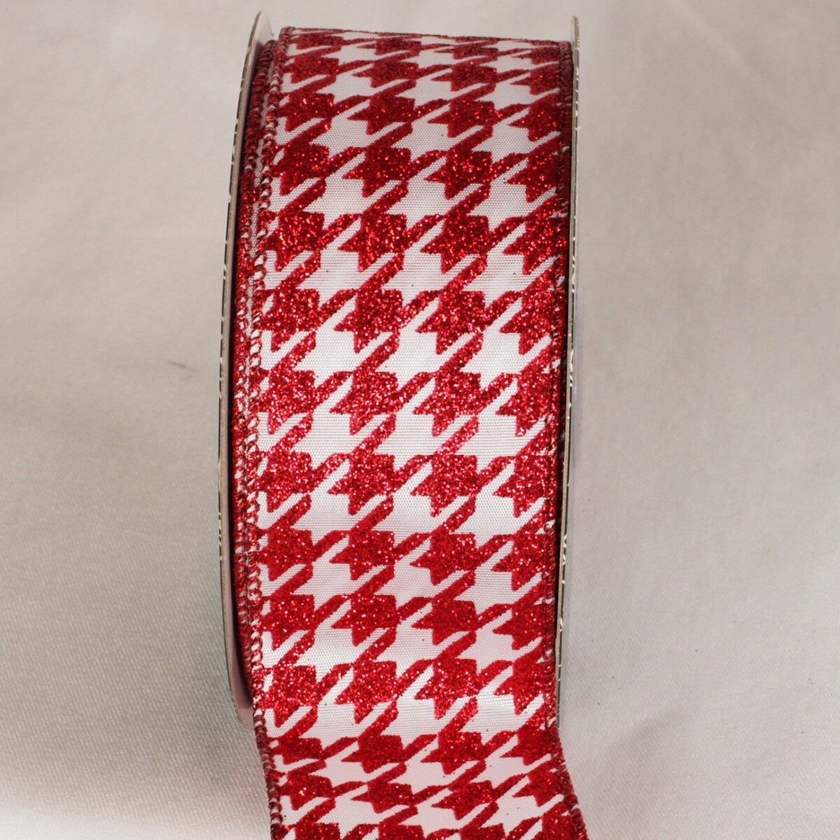 The Ribbon People Cherry Red and Lily White Sparkle Hounds tooth Wired Craft Ribbon 2&#x22; x 20 Yards