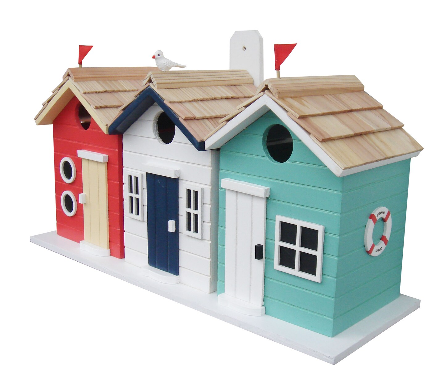 CC Outdoor Living 8.25&#x22; Fully Functional Red, White and Aqua Wooden Beach House Triple-Nest Birdhouse