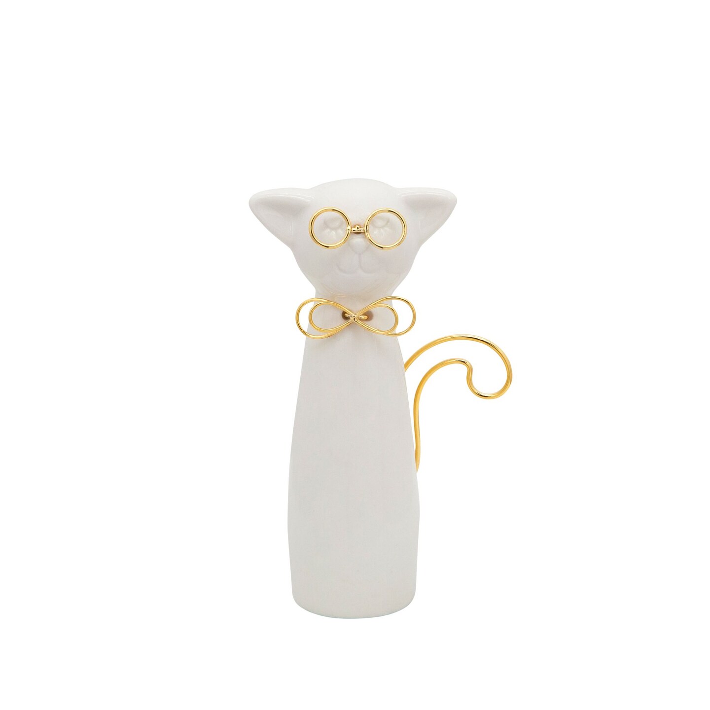 Kingston Living Ceramic Cat Figurine with Glasses - 7&#x22; - White and Gold