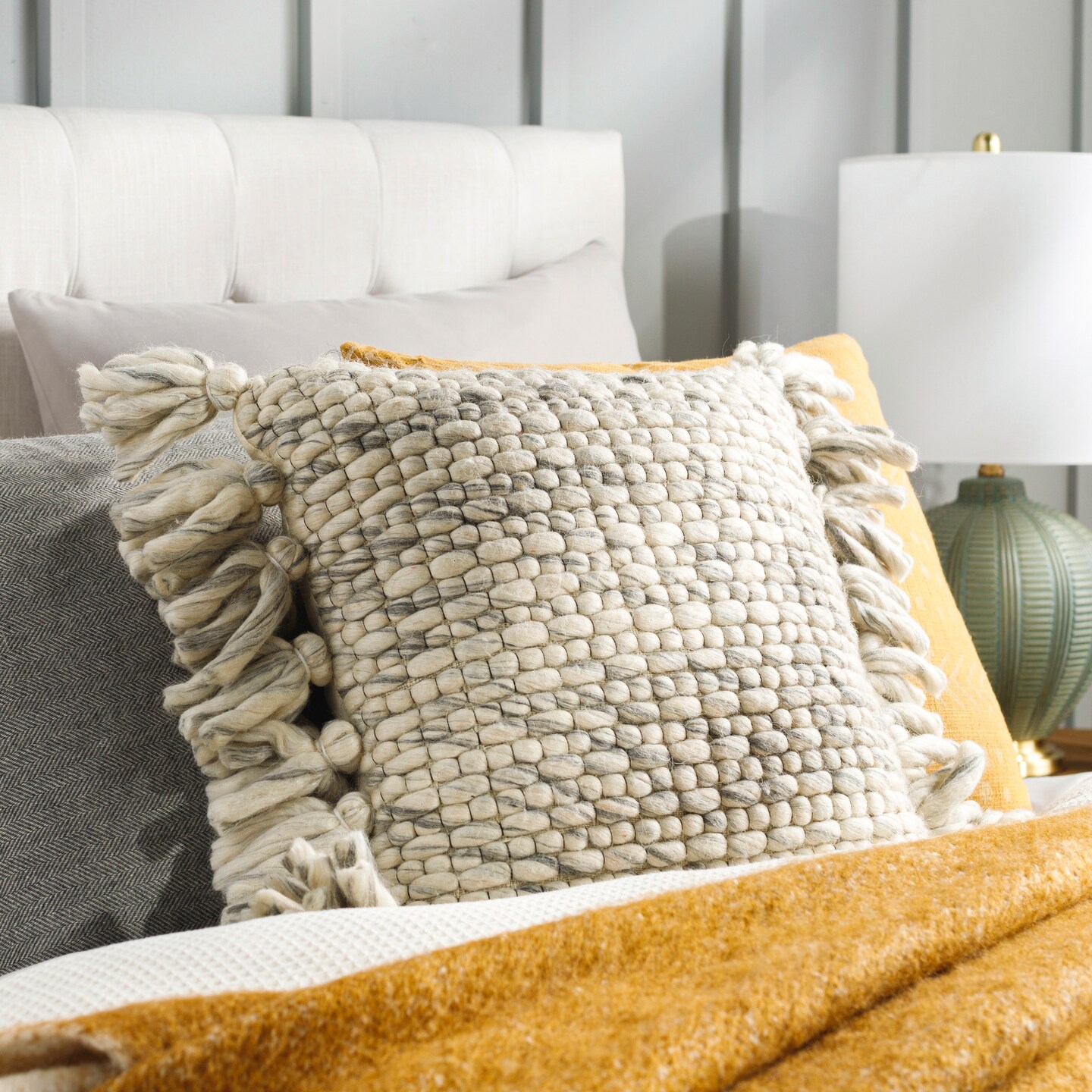 Tiwari Home 20&#x22; Gray and Beige Wool Textured Self Binding Square Throw Pillow Cover