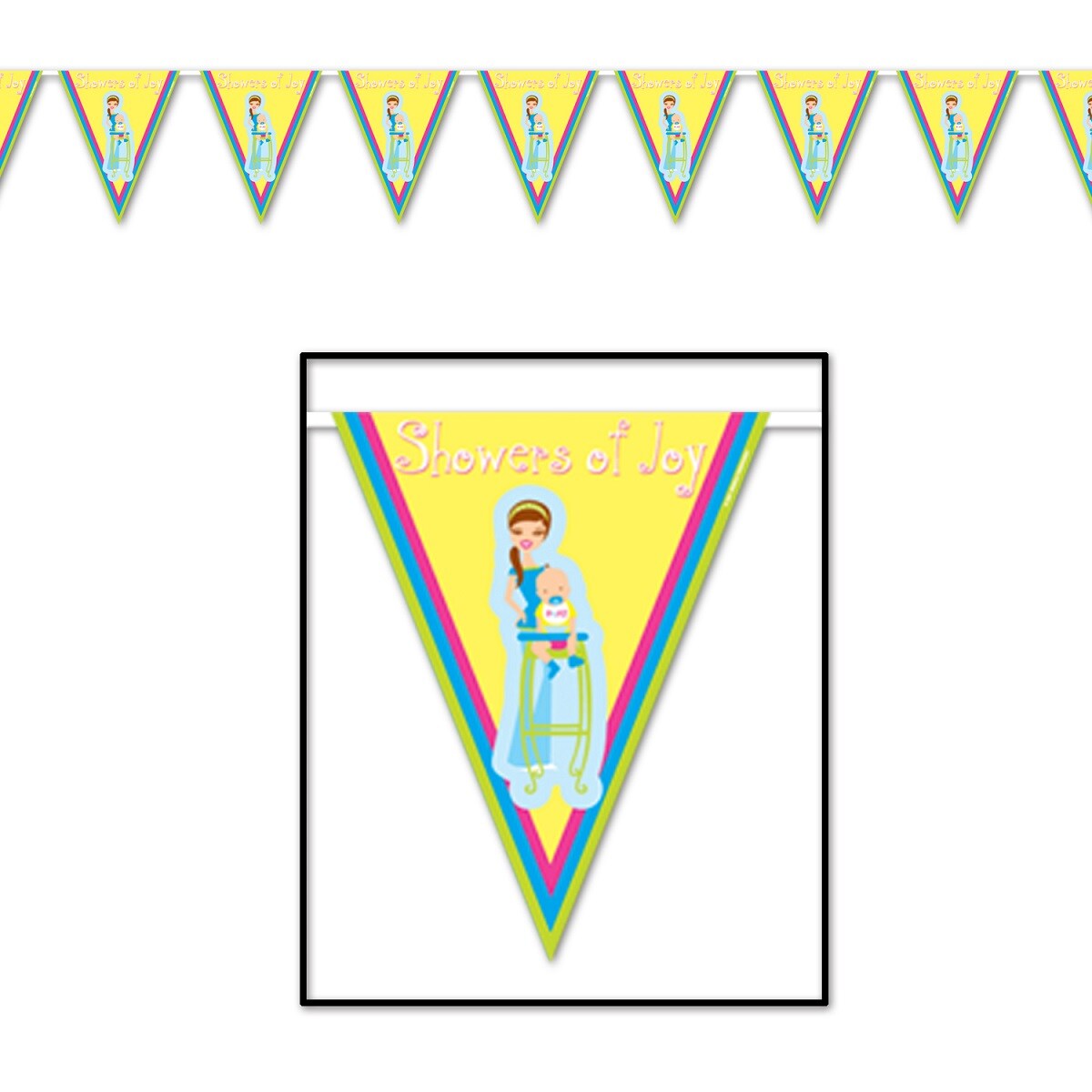 Party Central Club Pack of 12 Yellow and Blue &#x27;Showers of Joy&#x27; Baby Shower Pennant Banners 12&#x27;
