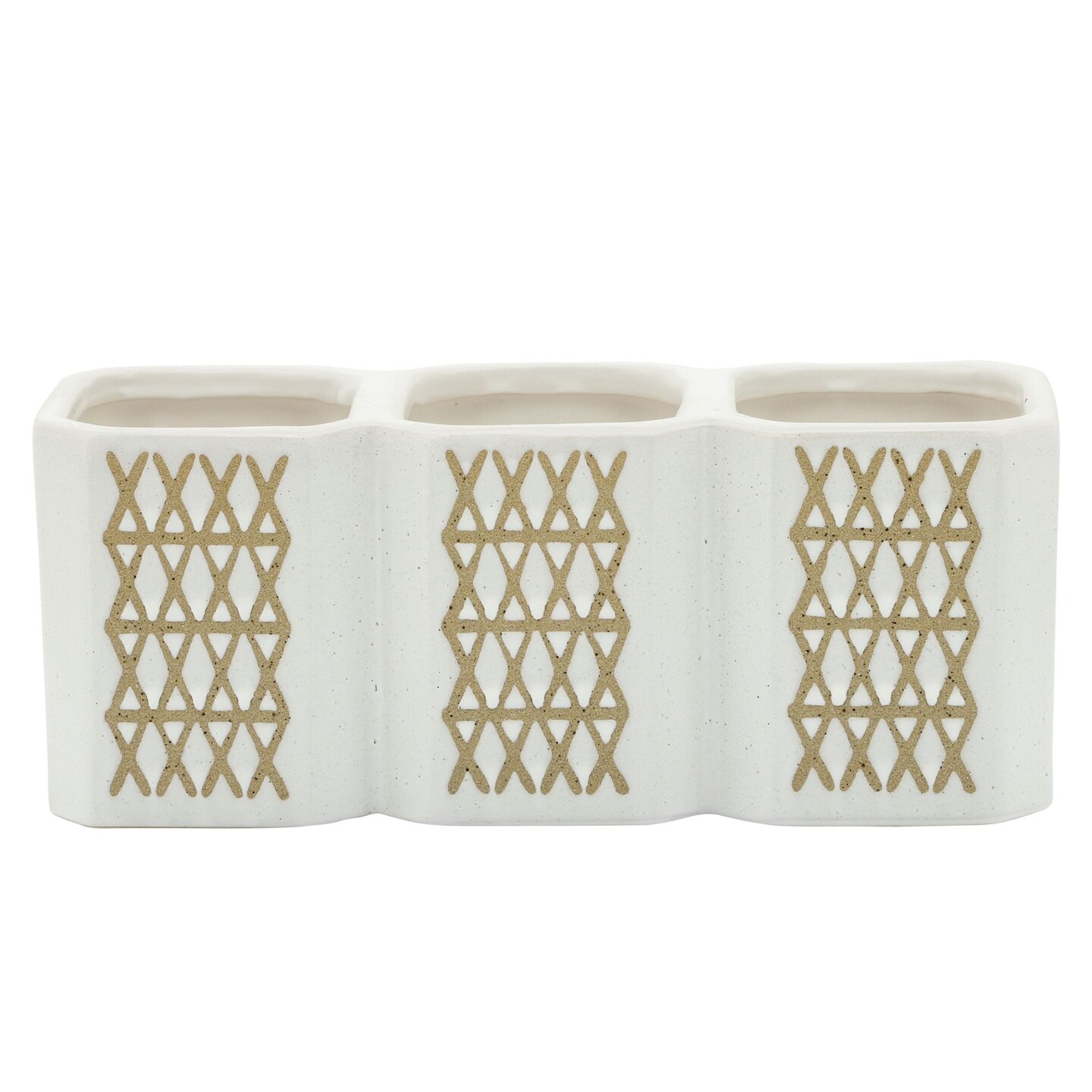 Kingston Living 10&#x22; Ivory and Beige Geometric Triple Cup Pen Holder