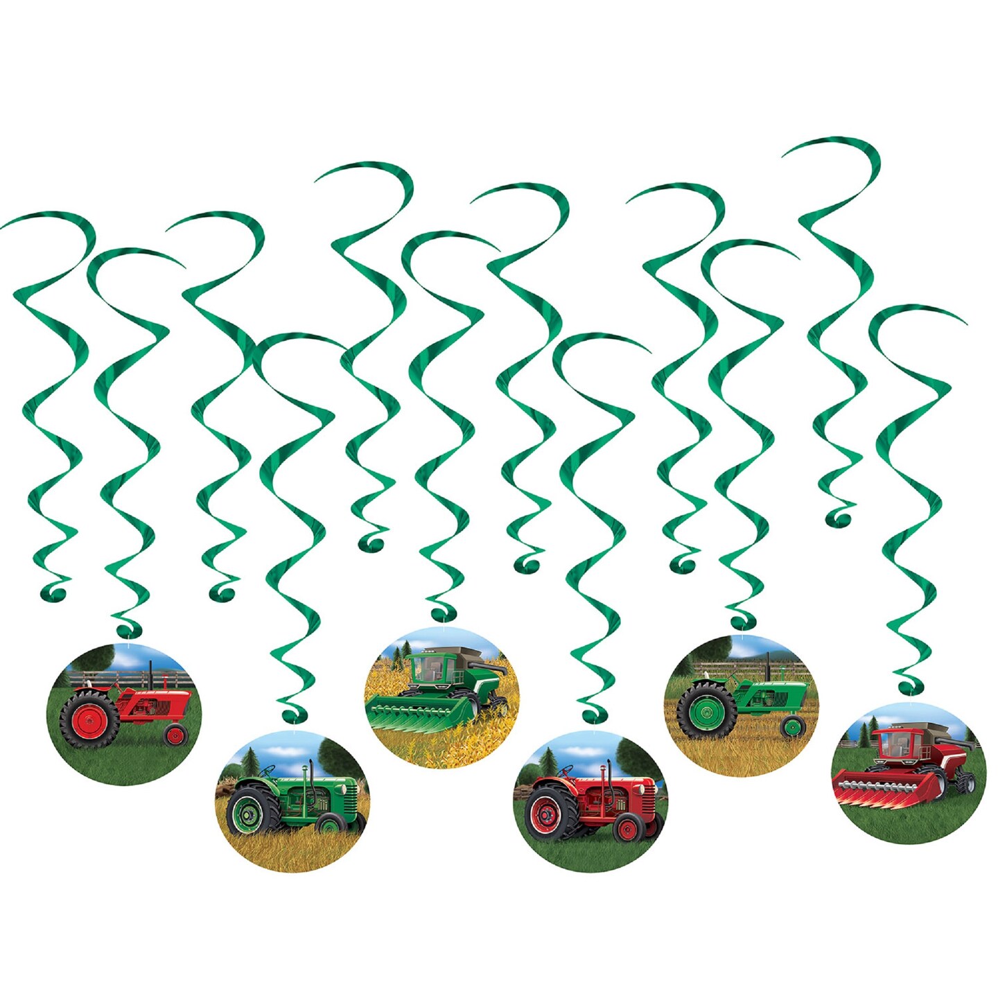 Beistle Set of 72 Green and Red Farm Tractor Party Whirls 28.5&#x201D;